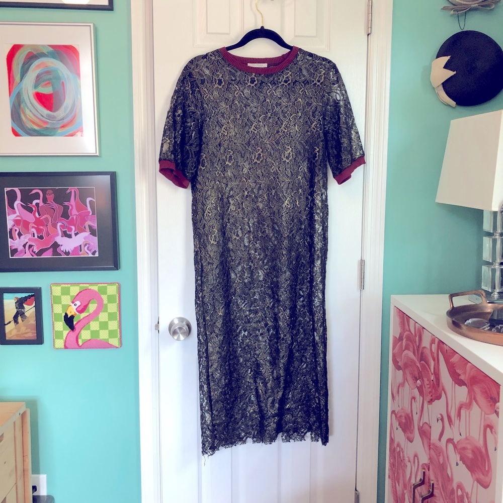 Zara S black & gold lace iridescent t-shirt dress